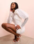 Фото #1 товара ASOS LUXE pearl embellished lace mini dress with puff sleeves in white