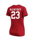 ფოტო #1 პროდუქტის Women's Christian McCaffrey Scarlet San Francisco 49ers Super Bowl LVIII Plus Size Player Name and Number V-Neck T-shirt