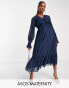 Фото #1 товара ASOS DESIGN Maternity satin stripe midi dress with blouson sleeve and button detail in navy