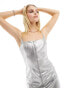 Фото #8 товара Bershka faux leather zip front midi dress in metallic silver