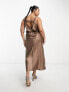 ASOS DESIGN Curve elasticated back satin slip midi dress in grey and mocha colourblock