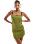 Фото #1 товара Pull&Bear bow detail strappy satin mini dress in olive green