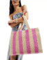 South Beach striped straw woven shoulder tote bag in pink and natural