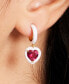 Gold-Tone White-Framed Red Crystal Heart Charm Huggie Hoop Earrings