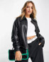 ASOS DESIGN faux leather zip front bomber jacket in black