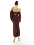 Фото #7 товара ASOS DESIGN satin bardot layered midi dress with long sleeves in wine