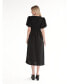 Women's A-line summer midi dress with high slit, puffed sleeves and pleated front