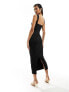 ASOS DESIGN square neck cami midi dress with oversize gold trim detail and high split in black