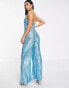 Jaded Rose Petite halterneck wide leg jumpsuit in blue stripe sequin