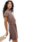 ASOS DESIGN linen look mini dress with gathered detail in brown