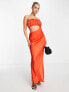 ASOS DESIGN satin ruched bust maxi dress with asym cut out in hot orange