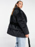 Missguided velvet shawl collar puffer jacket in black