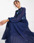 Фото #8 товара ASOS DESIGN Tall high neck pleated long sleeve skater midi dress with embroidery in navy