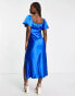 Love Triangle flutter sleeve midi dress in cobalt blue satin