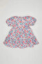 Kız Bebek Desenli Kısa Kollu Keten Görünümlü Elbise