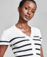 Фото #3 товара Women's Striped Ribbed Polo Short-Sleeve Sweater, Created for Macy's