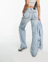 Stradivarius Petite wide leg dad jean with rips in medium blue Голубой, 42 - фото #4