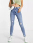 Miss Selfridge Lizzie high waist ripped hem skinny jean in midwash blue