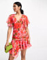 ASOS DESIGN wrap front chiffon mini dress with ruched side and peplum hem in pink floral