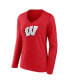 ფოტო #2 პროდუქტის Women's Red Wisconsin Badgers Evergreen Logo Long Sleeve V-Neck T-shirt