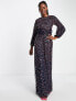 Фото #4 товара Maya high neck long sleeve all over embellished dress in navy blue