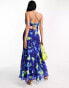 ASOS DESIGN halter midi dress with stone buckle detail in blue watercolour print