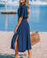 Women's Navy Dolman Sleeve Micro-Ruffle Midi Beach Dress