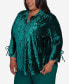 ფოტო #3 პროდუქტის Plus Size Emerald Isle Women's Crushed Velvet Emerald Button Front Top