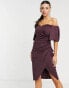 Фото #1 товара ASOS DESIGN sweetheart neck wrap tuck off shoulder bardot midi dress in plum