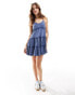 Фото #4 товара Miss Selfridge tiered washed mini dress with tie cami straps in washed blue