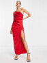 ASOS DESIGN satin one shoulder strappy red midi dress with slit