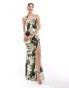 ASOS DESIGN satin plunge front strappy back maxi dress with thigh split in overscale floral