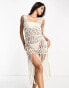 ASOS DESIGN knitted macrame mini dress with fringe dress in stone