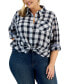 Фото #1 товара Plus Size Crinkle Plaid Roll-Tab Shirt