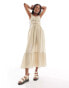 ASOS DESIGN maxi prairie sundress with lace trim and ruching detail in taupe