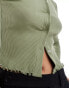 Vila long sleeve lettuce edge t-shirt with popper front in oil green