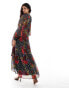 Hope & Ivy blouson sleeve maxi wrap dress with lace cuffs in dark red floral