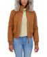 ფოტო #2 პროდუქტის Juniors' Women ' Cotton Faux Fur Trimmed Bomber Jacket