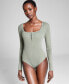Фото #4 товара Women's Square-Neck Ribbed Sweater-Knit Long-Sleeve Bodysuit, Created for Macy's