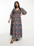 Фото #2 товара ASOS DESIGN Curve midi smock dress with shirred cuffs in black based multi floral print