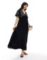 YAS embroidered v neck maxi dress in black - BLACK