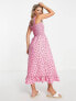 Фото #2 товара Pieces shirred midi dress in pink cherry print
