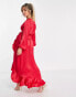 Flounce London Maternity satin long sleeve wrap maxi dress in red