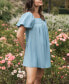 Women's Soft Blue Square Neck Puff Sleeve Mini Beach Dress
