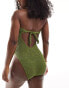 Miss Selfridge crinkle bandeau open back swimsuit in khaki