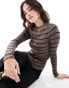 Pieces chunky ribbed knit long sleeve top in brown stripe Коричневый, XS - EU 34 - фото #2