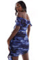 Фото #8 товара ASOS DESIGN mesh bardot mini dress with drape skirt and ruffle detail in blue abstract print