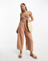 Фото #4 товара ASOS DESIGN linen shirred bodice belt jumpsuit in rust