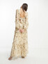 ASOS DESIGN sweetheart neck pleated maxi dress with frills in printed floral metallic jacquard