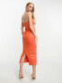 ASOS DESIGN bandeau mesh ruched midi dress with satin insert in orange